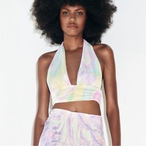 NWT ZARA Pastel Multicolor Satin Effect Halter Crop Top Size XS REF. 2680/650
